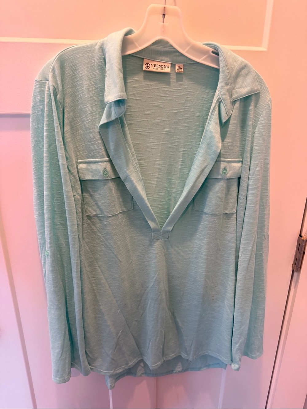 Versona Aqua Turquoise Collared Pocket Pullover Top Women’s XL
